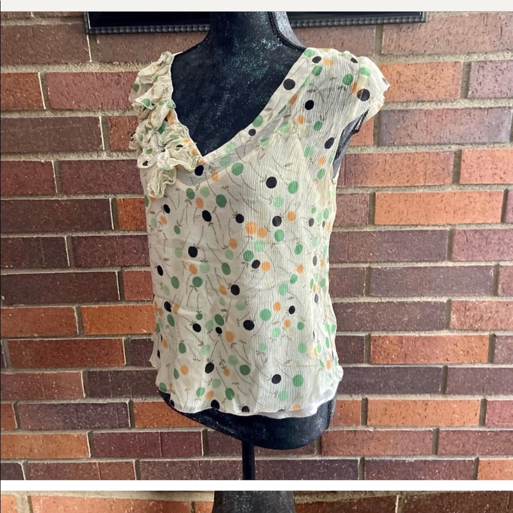 City DKNY Silk Dotted Blouse w/ Floral Accents